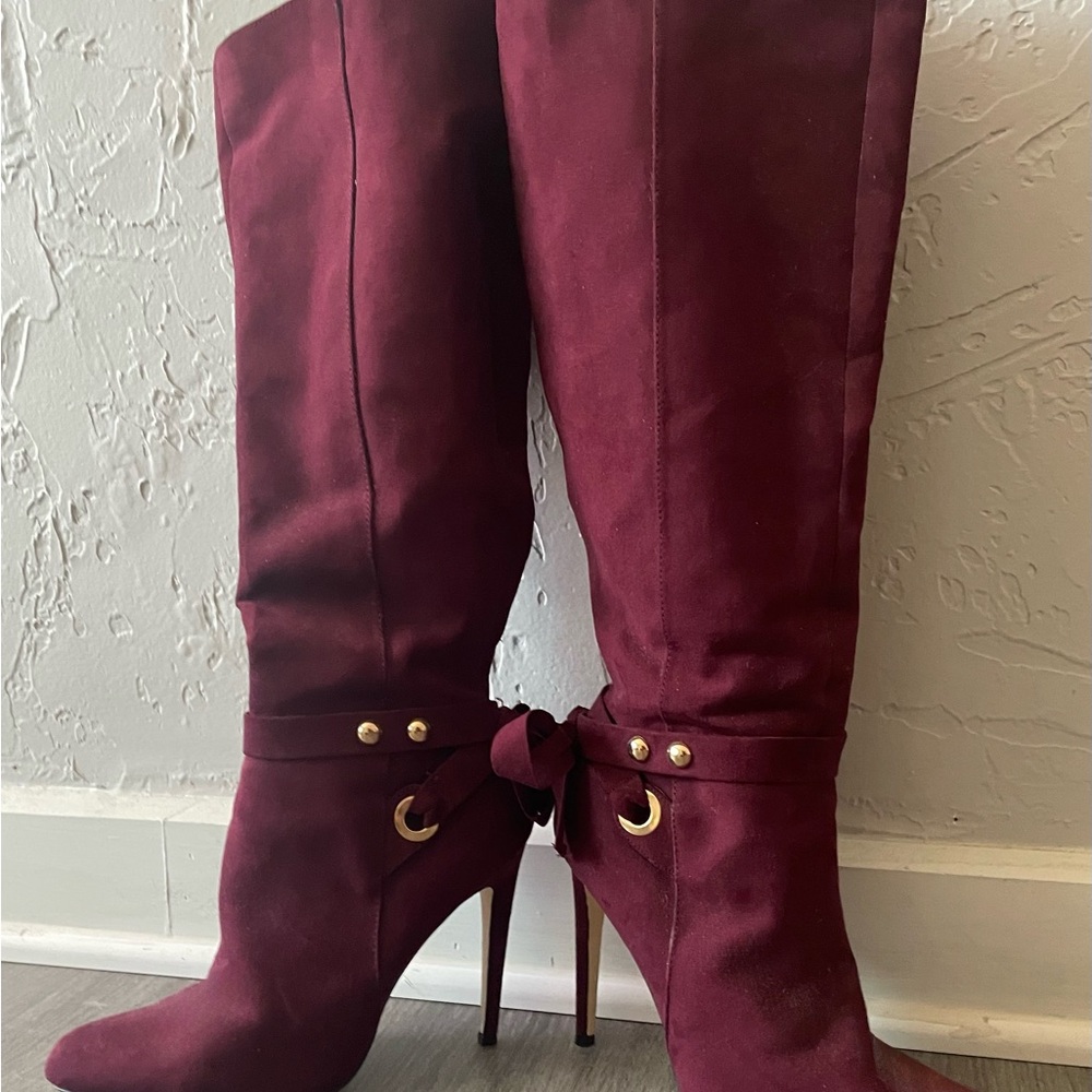 Burgundy Wide Calf Knee-high Heeled Boots
